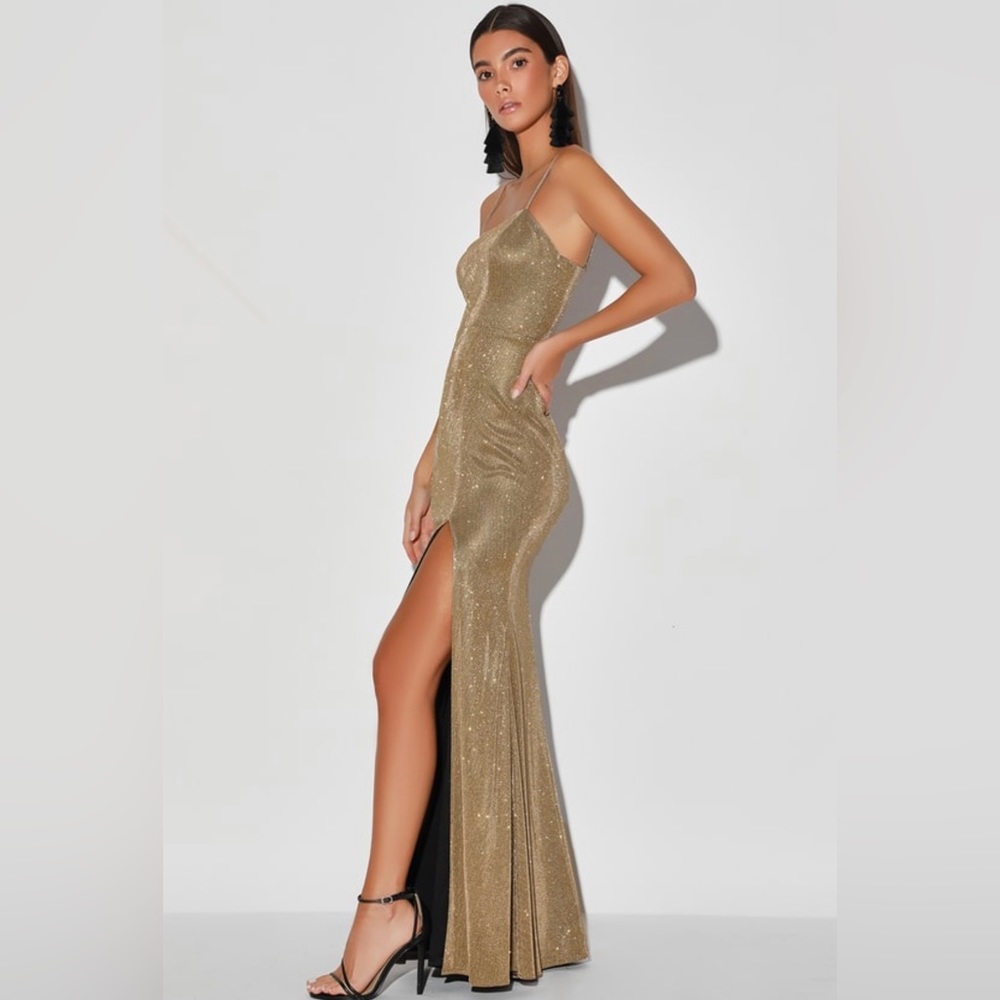 Searching For You Metallic Gold Glitter Mermaid Maxi Dress